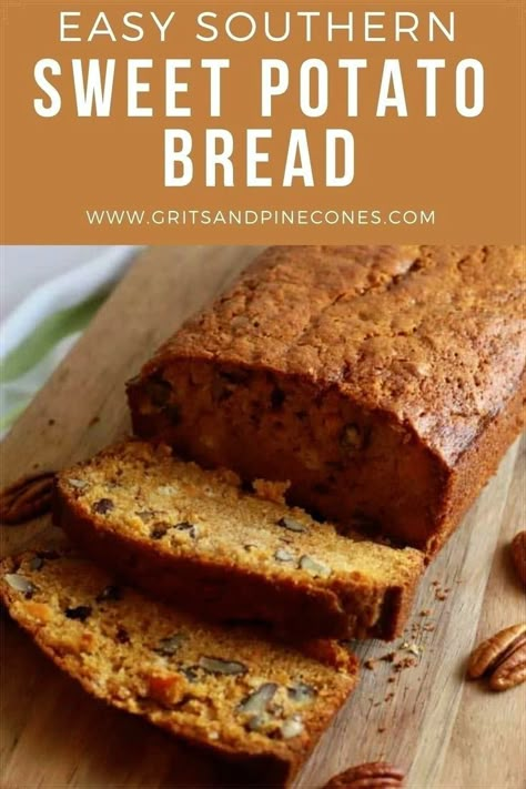 Easy Southern Sweet Potato Bread with Pecans is the ultimate quick bread! It's moist, flavorful and loaded with sweet potatoes and crunchy pecans. This tasty quick bread will soon become a new family favorite. Sweet Potato Quick Bread, Dessert Bread Recipes, Sweet Potato Dessert, Recipe Sweet Potato, Sweet Potato Pecan, Sweet Potato Bread, Roasted Pecans, Bread Sweet, Potato Bread