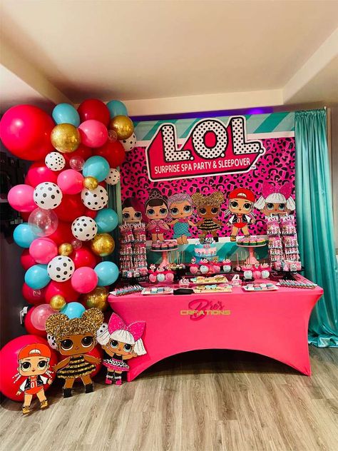 Loyalty’s “LOL Surprise Spa and Sleepover Birthday Party | CatchMyParty.com Lol Doll Birthday Party Decorations, Lol Food Party Ideas, Lol Pool Party Ideas, Lol Surprise Dolls Birthday Party, Lol Surprise Treat Table, Lol Surprise Theme Birthday Party Ideas, Lol Sleepover Party Ideas, Lol Surprise Decorations, Lol Omg Birthday Party Ideas