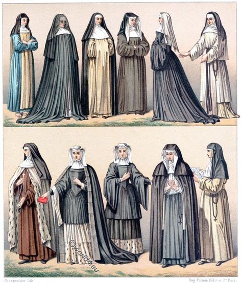 Costumes of Religious Orders. Habits of various nuns. France 19th c.. Nun Outfit, Daughters Of Charity, Nuns Habits, Poster Size Prints, Medieval Clothing, A4 Poster, John The Baptist, 영감을 주는 캐릭터, Historical Fashion