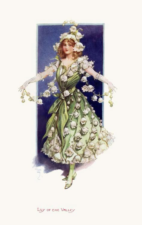 Vintage Illustration of "Miss Lily of the Valley" Victorian Fancy Dress, Minted Art, Fantasy Costumes, Flower Fairy, Fairy Art, Caricatures, Lily Of The Valley, Vintage Costumes, Vintage Images