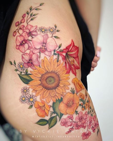 Vickie Chiang (@tattooist_inkandbloom) posted on Instagram: “Hip/ thigh piece for Jenny ♡ #hiptattoo #thightattoo #orchidtattoo #cherryblossomtattoo #sakuratattoo #botanicaltattoo #flowertattoo…” • Apr 2, 2021 at 6:32pm UTC Tattoo On Hip Bone, Floral Hip Tattoo, Flower Hip Tattoos, Flower Thigh Tattoos, Orchid Tattoo, Funky Tattoos, Self Love Tattoo, Bone Tattoos, Tattoos For Women Flowers