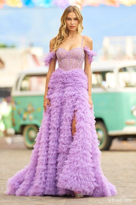 Gown With Full Sleeves, Cocktails Dresses, Lilac Dresses, Sheri Hill, Beaded Corset, Satin Evening Gown, Prom Dress Styles, Ball Gown Skirt, Ruffled Skirt