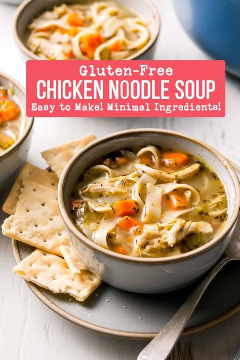 This quick and easy homemade gluten-free chicken noodle soup recipe is so nourishing! This one pot meal is perfectly warm and comforting. Make it on the stovetop, in the instant pot, or even the slow cooker! Crockpot Gluten Free Soup, Low Fodmap Soups Gluten Free, Slow Cooker Gluten Free, Gf Chicken Noodle Soup, Gluten Free Soup Recipes, Soup For Sick, Gluten Free Chicken Soup, Gluten Free Chicken Noodle Soup, Easy Chicken Soup