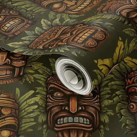 Wicked Tiki vintage Colors on Mossy Green, Medium Scale Removable Wallpaper - Etsy Tiki Bar Cabinet, Tiki Wallpaper, Tiki Christmas, Tiki House, Bar Build, Vintage Tiki, Mossy Green, Tiki Party, Bar Room