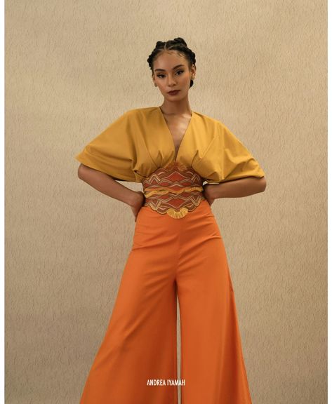 Shop OLLA CROP TOP - MUSTARD from Andrea Iyamah at Seezona | Seezona Earth Tone Fashion, Sunset Embroidery, Embroidered Corset, Andrea Iyamah, Pleated Bodice, Kimono Sleeve, Linen Pants, S Models, High Waisted Pants