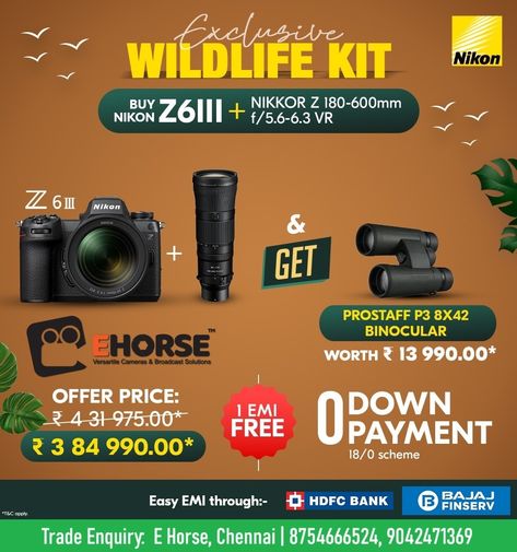 Nikon Z6III with 180-600mm VR Wildlife Kit The Nikon Z6III is the company's third-generation full-frame mirrorless camera, bringing a faster 24MP sensor that boosts the autofocus and video capabilities of this stills/video hybrid. ............... For Trade Enquiry:- E Horse (Versatile Cameras & Broadcast Solutions) No.1, Central Avenue, Kodambakkam, Chennai 8754666524, 9042471369 ............... #EHorse #E_Horse #Nikon #Z6III #Wildlife #Wildlifephotography #Photography #NikondealerinChennai Cameras And Accessories, Mirrorless Camera, Wildlife Photography, Chennai, No 1, Nikon, Cameras, Bring It On, Quotes