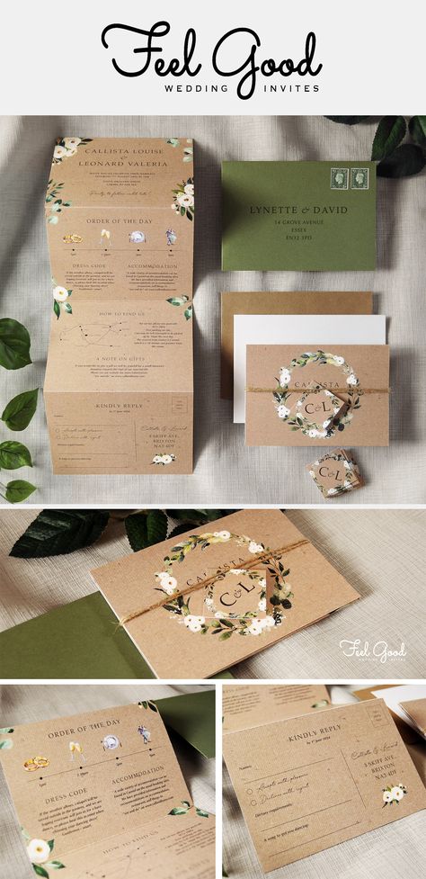 Rustic Green Wedding Invitations, Wedding Invitations Forest Theme, Trifold Wedding Invitations Diy, Simple Woodland Wedding, Rustic Theme Wedding Invitations, Dandelion Wedding Theme, Wedding Invitation Booklet, Trifold Invitation Wedding, Rustic Theme Invitation