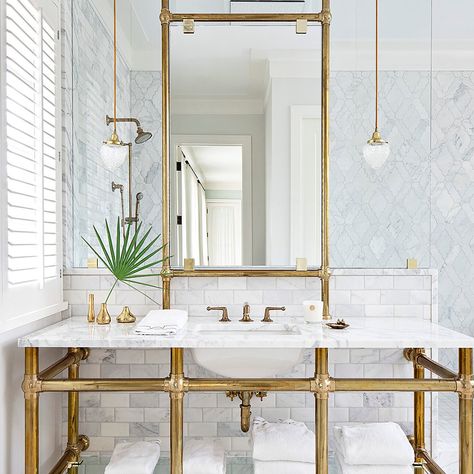 | Waterworks Modern Farmhouse Bathrooms, Waterworks Kitchen, Accent Wall Bathroom, Unique Bathroom Faucets, Best Bathroom Lighting, Bath Trends, Bathroom Pendant, Recessed Ceiling Lights, Bathroom Pendant Lighting