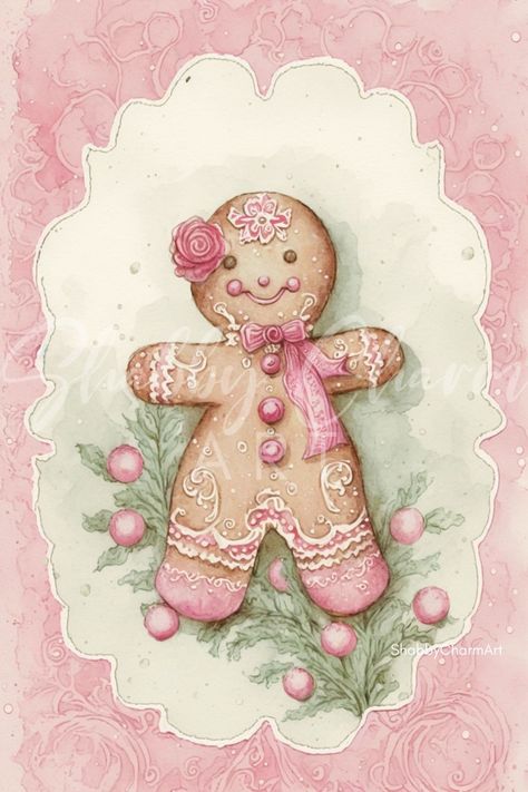 Vintage Pink Christmas, Gingerbread Crafts, Gingerbread Christmas Decor, Pink Xmas, Vintage Christmas Images, Christmas Wall Art, Vintage Christmas Cards, Christmas Illustration, Christmas Images