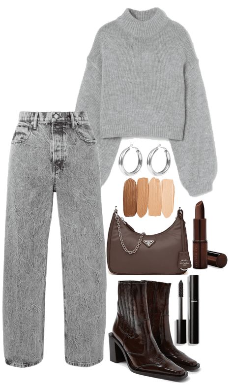 Black Grey And Brown Outfit, Grey Top Outfit Ideas, Grey Brown Outfit, Gray And Brown Outfit, Gray Jeans Outfit Winter, Brown And Grey Outfit, Gray Top Outfit, Grey And Brown Outfit, Grey Outfit Aesthetic