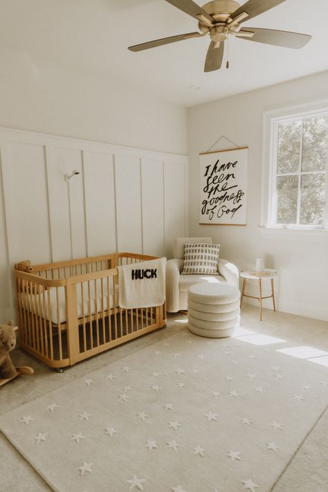 Tan Crib Nursery, Nursery Over Crib Decor, Nursery With Wooden Crib, Neutral Crib Nursery, Double Crib Nursery, Rug Under Crib, Crib Under Window, Pictures Above Crib, Natural Crib Nursery