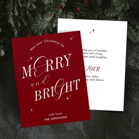 Elegant Merry & Bright holiday card design in festive red and white with nostalgic script fonts. This fully editable Christmas card design includes space for your name as well as space to add your personalized message. Make this holiday season extra special with this elegant holiday greeting card. Elegant Greeting Card, Christmas Invitation Card Design, Christmas Card Elegant, Holiday Card Design, Christmas Invitation Card, Company Christmas Cards, Corporate Christmas Cards, Glamorous Christmas, Christmas Hampers