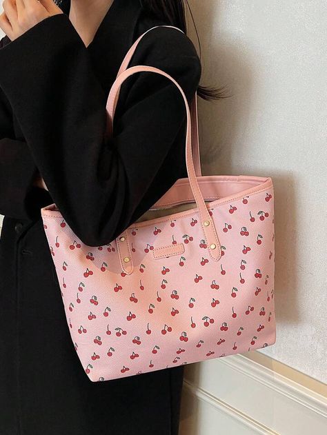 KVKY 2024 New Fashion Sweet Cherry Pattern PU Tote Bag, Waterproof Design, Fashion Large Capacity Shoulder Bag, Work Commuter Bag, Suitable For Women Daily Use School Tote Bag, School Bag, Portable, Foldable, Business Casual, Suitable For Teen Female College Students, Teachers, Newcomers And White Collar University, Vacation, Beach, Holiday, Shopping, Fashion Zipper Handbag | SHEIN USA Cherry Disco, Tote Bag School, Tote Bags For School, Cherry Pattern, Tote Bag Aesthetic, School Tote, Bag School, Commuter Bag, Bags Aesthetic