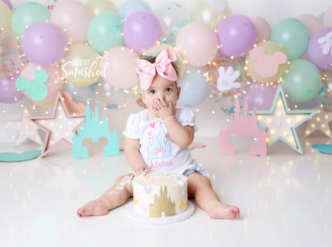 South Jersey Photographer, cake smash, 1st birthday, Disney inspired, theme, pastel Disney 1st Birthday Photoshoot, Disney Princess Smash Cake, Disney Smash Cake, Pastel Cake Smash, Princess Smash Cakes, Floral Balloon Garland, Theme Pastel, Cake Smash Theme, Baby Birthday Photoshoot