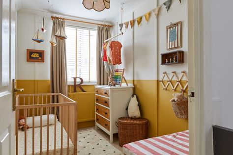 Yellow Vintage Nursery, Yellow Half Wall, Half Wall Nursery, Yellow Childrens Bedroom, Small Nursery Layout, Yellow Boy Nursery, Yellow Baby Room, Apartment Nursery, Yellow Kids Rooms