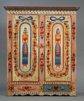 Folk Furniture, Decorative Furniture Painting, Peter Hunt, Scandinavian Colors, Hunting Painting, Bohemian Crafts, Folk Decor, Painted Cupboards, Hunting Art