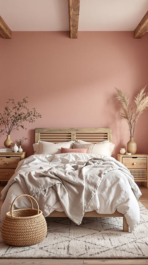 Pink Bedroom Ideas Pink Wood Headboard, Bedroom Dusky Pink, Blush Pink Bedding Ideas, Light Pink Wall Bedroom, Salmon Pink Room, Grown Up Pink Bedroom, Classy Pink Bedroom, Pink Adult Bedroom Ideas, Pink Walls Bedroom Ideas