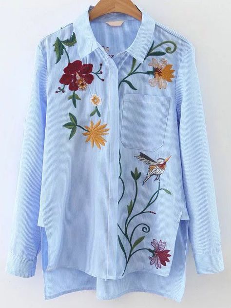 flower embroidery shirt Satin Stitch Flower, Hand Embroidery Ideas, Flower Hand Embroidery, Roses Embroidery, Blue Striped Blouse, Color Block Blouse, Pocket Blouse, Blue Striped Top, High Low Blouse