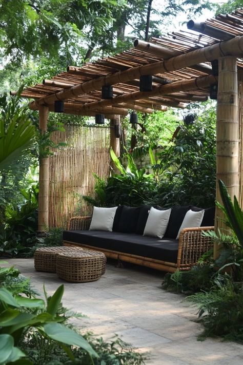 Embrace sustainability with outdoor furniture made from eco-friendly materials. Discover how bamboo, recycled wood, and other sustainable options can create a stylish and green outdoor space. 🌿🪑 #EcoFriendlyFurniture #SustainableLiving #OutdoorDesign Bali Outdoor Furniture, Bamboo Yoga Shala, Wellness Sanctuary, Bali Daybed Outdoor, Living Bamboo Structure, Bali Outdoor, Bamboo Villa Bali, Boho Corner, Bamboo House Bali