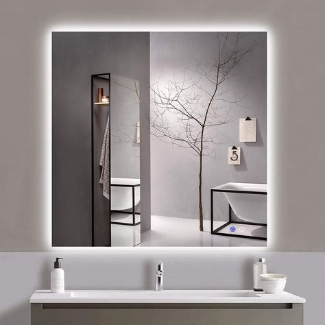 36 x 36 in. Bathroom Square LED Backlit Mirror Anti-Fog Wall Mounted - Venetio Backlit Bathroom Mirror, Backlit Mirror, Bathroom Mirror Lights, Inexpensive Home Decor, Led Mirror Bathroom, Tiny House Decor, Minimalist Bathroom, Marble Bathroom, Diy Mirror