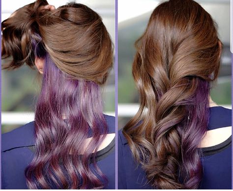 Brown Hair Lavender Underneath, Peekaboo Ombre Hair, Purple Peek A Boo Highlights Brown Hair, Light Brown Hair With Vivid Color, Peek A Boo Color Hair, Peek A Book Hair Color, Peak A Boo Hair Color Brown, Peek A Boo Hair Color Ideas Brown, Perk A Boo Hair Color