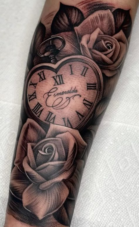 Tattoos For Musicians, Tattoo For Daughter For Mother, Sleeve Tattoos For Girls, Tattoo Trends 2023, Empowerment Tattoos, Time Piece Tattoo, Clock And Rose Tattoo, Ink Magic, Memorial Tattoo Designs