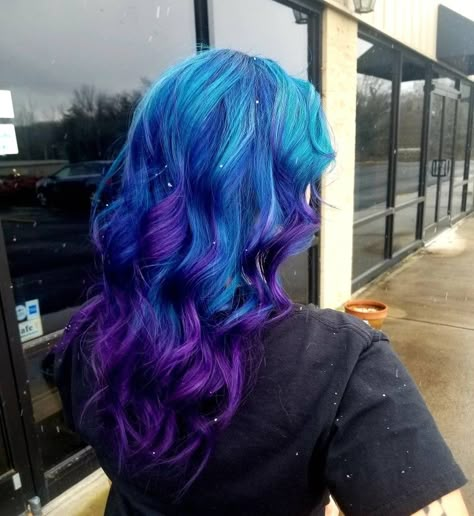 Blue Purple And Teal Hair, Bright Blue And Purple Hair, Purple To Teal Ombre Hair, Purple And Blue Ends Of Hair, Blue And Purple Hair With Bangs, Blue Hair With Purple Tips, Dyed Hair Purple And Blue, Blue Galaxy Hair, Blue And Purple Hair Dye Ideas