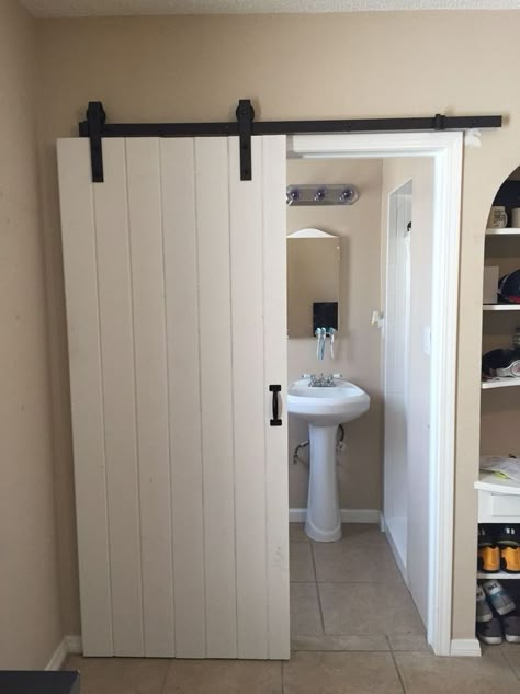 Slide Door Bathroom Small Spaces, Sliding Doors For Small Bathrooms, Hanging Doors Sliding Bathroom, Bathroom Door Replacement Ideas, Sliding Door On Bathroom, Sliding Bathroom Doors Small Spaces, Barn Doors For Small Spaces, Small Bathroom With Sliding Door, Sliding Door Small Space