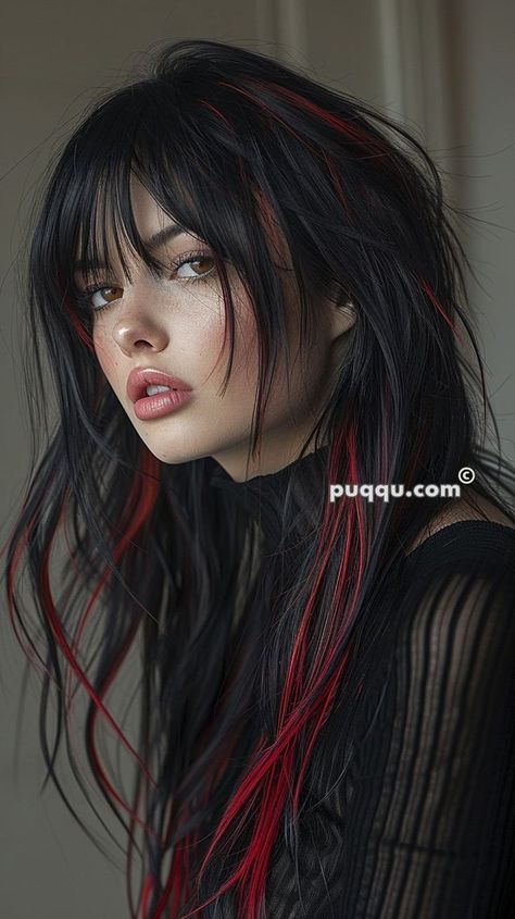 Edgy Hair Styles Long, Long Red Hair Aesthetic, Edgy Hairstyles Long Hair, Hair With Red Streaks, Halo Hair Colors, Black Hair With Red, Hair With Red Highlights, Black Hair With Red Highlights, Edgy Vibes