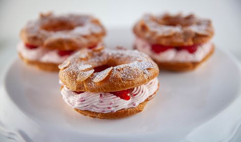 Paris Brest with Flaked Almonds and Raspberry and Cream Filling Raspberry Paris Brest, Justine Schofield, Paris Brest, Raspberry Almond, Small Cakes, Choux Pastry, Themed Desserts, Cream Filling, Small Cake