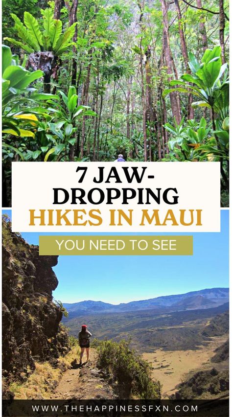 There are many beautiful and unique hikes you won't want to miss when planning a trip in Maui, Hawaii! Here are 7 seriously awesome hikes in Maui you’ll want to check out. | hikes in Maui | Best Maui hikes | Things to do in Maui | Things to do in Hawaii | Best hikes in Hawaii | Pipiwai trail | Haleakala Overlook Trail | Sliding Sands Trail | Seven Sacred Pools Trail | Sea Caves and Black Sand Beach Trail | Nakalele Blowhole Trail | what to wear hiking | Maui travel Maui Hikes, Hikes In Hawaii, Hikes In Maui, What To Wear Hiking, Maui Map, Hawaii Trip Planning, Hawaii Vacation Tips, Things To Do In Hawaii, Things To Do In Maui