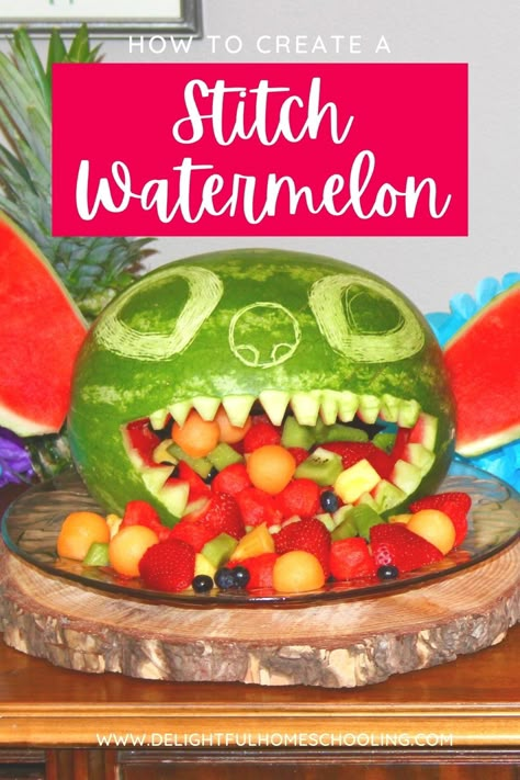 Stitch Watermelon, Lilo Stitch Party, Stitch Bday, Tropical Themed Party, Lilo And Stitch Movie, Watermelon Bowl, Stitch Birthday Party, Disney Dishes, Tropical Fruit Salad