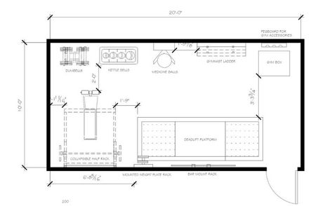 200 Square Foot Home Gym: Free Floor Plan & Equipment List | PowerliftingTechnique.com Home Gym Layout Floor Plans, Home Gym Floor Plan, Shed Gym Ideas, Gym Floor Plan, Backyard Room, Home Gym Layout, Building A Home Gym, Free Floor Plans, Home Gym Flooring