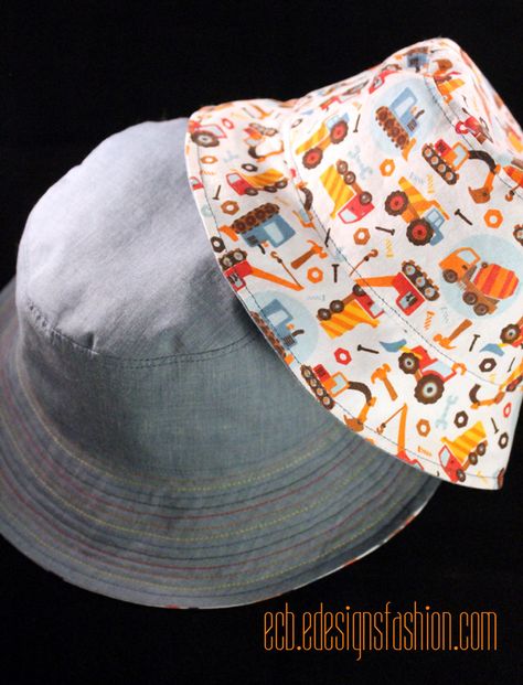 Toddler and Baby Reversible Bucket Hats (Link to Free Pattern) | Especially Creative Broad Toddler Hat Pattern, Sunhat Pattern, Toddler Bucket Hat, Baby Summer Hat, Bucket Hat Pattern, Sewing Hats, Boy Sewing, Hat Patterns Free, Hat Patterns To Sew