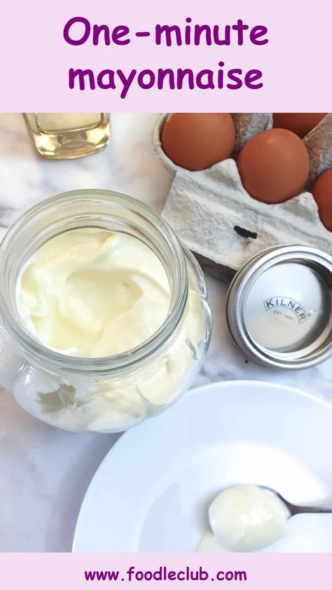 A glass jar filled with mayonnaise next a spoonful of mayonnaise on a white plate. Make Mayonnaise, How To Make Mayonnaise, Stick Blender, Orzo Pasta Salad, Mayonnaise Recipe, Steamed Asparagus, Immersion Blender, Orzo Pasta, Flavored Oils