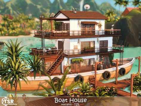 The Sims Resource - Boat House No CC Sims 4 Houseboat, Sims 4 Boat House, Sims 4 Boat Cc, Sims 4 No Cc Build, Sims 4 House Boat, Lighthouse Sims 4, Sims 4 Lighthouse Build, Sims 4 Beach Rental, Sims 4 Beach House