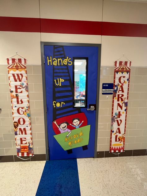 Rollercoaster classroom door #circus #carnivaltheme #rollercoaster #classroomdoor #second grade Roller Coaster Bulletin Board, State Fair Theme, Roller Coaster Theme, Fair Theme, Classroom Door, State Fair, Dramatic Play, School Themes, Amusement Park