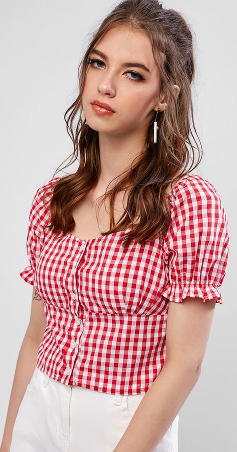 Milkmaid Blouse, Cute Blouses For Women, Checked Blouse, Embroidered Chiffon, Fashion Tops Blouse, Unique Blouse, Blouse Models, Gingham Tops, Retro Mode