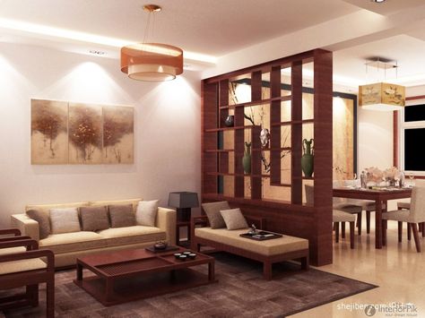 7 Styling Tips For Bigger Living Room Living Room Divider Ideas, Room Partition Wall, Living Room Divider, Living Room Partition, Living Room Partition Design, Room Partition Designs, Partition Design, Room Partition, Brown Living Room