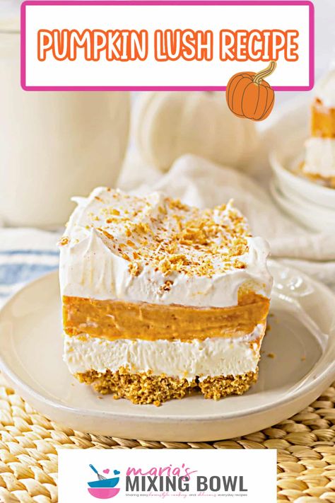 This pumpkin lush recipe features a golden graham cracker crust topped with creamy layers of pumpkin mousse and whipped cream. Pumpkin Lush, Lush Recipes, Baking Recipes Pie, Pumpkin Mousse, Creamy Recipes, Mousse Dessert, Cracker Crust, Cheesecake Desserts, Mousse Recipes