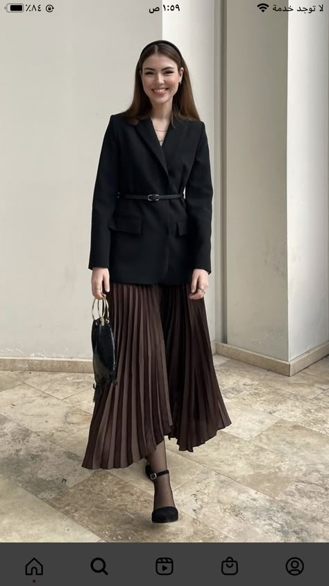 Long Skirt And Coat Outfit, Skirt And Jacket Outfit Classy, Formal Modest Outfits Hijab, Maxi Skirt And Blazer Outfits, Long Skirt With Boots Outfit Winter, Black Blazer Outfit Hijab, Asian Fall Outfits, Hijabi Work Outfits, Hijabi Office Wear