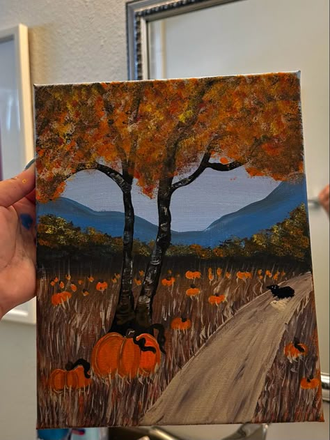 September Painting Ideas Easy, Spooky Fall Paintings, Cozy Fall Paintings, Fall Things To Paint On Canvas Easy, Thanks Giving Painting Ideas, Autum Paintings Easy, Autum Paintings Acrylic, Fall Painting Ideas On Canvas Easy, Painting Fall Ideas