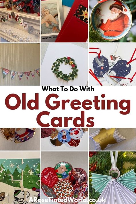 What to do with old greeting cards. Here are some craft ideas & ways to reuse & upcycle all your used Christmas, birthday or other occasion greeting card. How to upcycle old holiday cards that cannot be recycled due to plastic or glitter content. How to store and where to donate old cards. How to let go of old greeting cards. Should you keep your old sentimental family cards. Ways of reusing, crafting and displaying your used greeting cards. Old Christmas card & birthday card upcycling ideas. Cards Craft Ideas, Ecofriendly Crafts, Greeting Cards Christmas, Diy Crafts For Teen Girls, Old Greeting Cards, Recycled Cards, Cards Craft, Old Cards, Diy Crafts For Adults