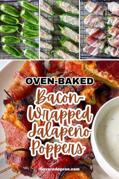 Three pictures showing step-by-step how to make bacon-wrapped jalapeno poppers and a tray of oven-baked poppers served with a bowl of Ranch dressing. Jalapeno Poppers In The Oven, Poppers In The Oven, Popper Recipes, Baked Jalapeno Poppers, Bacon Wrapped Stuffed Jalapenos, Wrapped Jalapeno Poppers, Bacon Wrapped Recipes, Bacon Jalapeno Poppers, Oven Baked Bacon