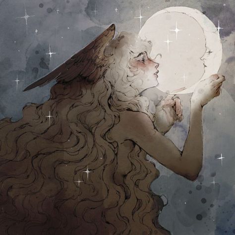 An Angel, A Drawing, The Sky, The Moon, A Woman, Angel, Moon, Stars, Art