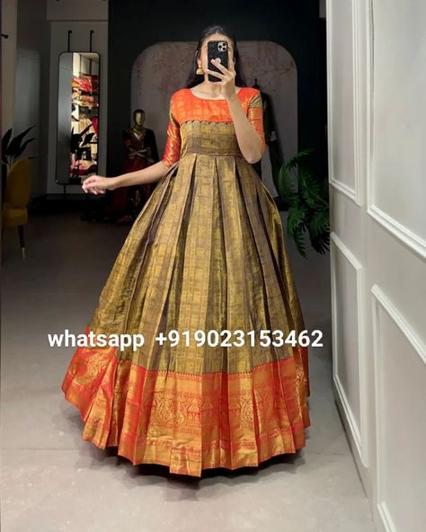 Price: 2050/-❣️ whatsapp us on +919023153462✔️ Kanjivaram With Zari Weaving Work Beautiful Designer Festive Wear South Indian Gown #Kanjivaram #ZariWeaving #SouthIndianGown #FestiveWear #DesignerGown #BeautifulGown #FestiveFashion #IndianWear #SilkGown #TraditionalGown #ElegantGown #KanjivaramSilk #GownDesign #ZariWork #GownLove #SouthIndianStyle #FestiveElegance #DesignerWear #TraditionalElegance #FestiveAttire Indian Gown, Traditional Gowns, Anarkali Dress Pattern, Indian Gowns, Festive Wear, Silk Gown, Anarkali Dress, Gowns Of Elegance, Designer Gowns