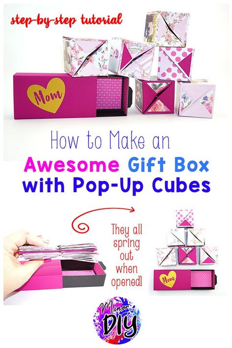 Everyone will LOVE this gift box! The cubes jump out.  #gift #bestgift #photogift #giftforfriend #giftforboyfriend #giftforman #giftforbestfriend Pop Up Cubes, Money Box Diy, Diy Surprise Box, Diy Exploding Box, Explosion Box Tutorial, Exploding Gift Box, Cube Template, Photo Gifts Diy, Gifts Forbest Friend