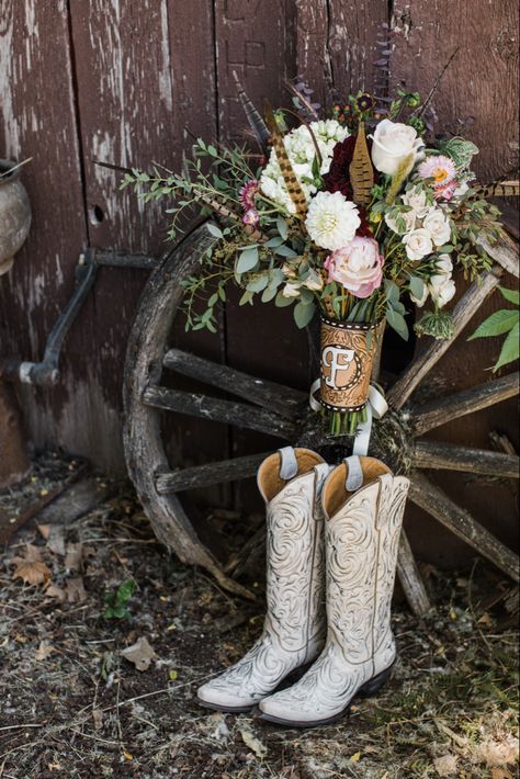 Bride Cowboy Boots, Leather Bouquet Wrap, Bridal Cowboy Boots, Western Wedding Boots, Bright Wedding Bouquet, Rustic Flower Arrangements, Country Western Wedding, Bridal Boots, Pheasant Feather