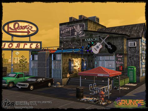 The Sims Resource - Grunge-Now or Never-Karaoke Bar Sims4 Karaoke, Sims 4 Karaoke Bar Cc, Sims 4 Karaoke Bar, Sims 4 Bar, Biker Bar, The Sims 4 Lots, Industrial Bar, Dj Booth, Sims Resource