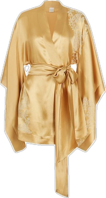 Carine Gilson short, gold silk kimono robe from Harrods. £1,225. [affiliate link] Short Silk Robe, Gold Lingerie, Robes Silk, Silk Bathrobe, Carine Gilson, Robe Silk, Short Kimono Robe, Gown Floral, Mon Dressing